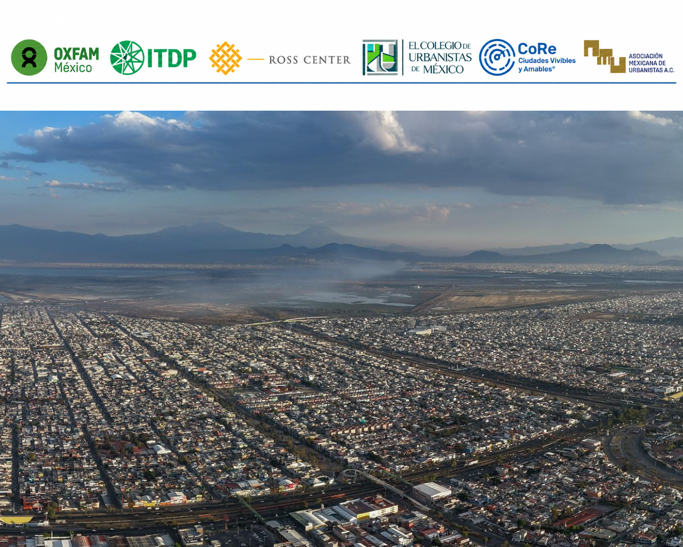 Vista aérea de la Zona Metropolitana del Valle de México con los logotipos de las organizaciones que respaldan la actualización del POZMVM.