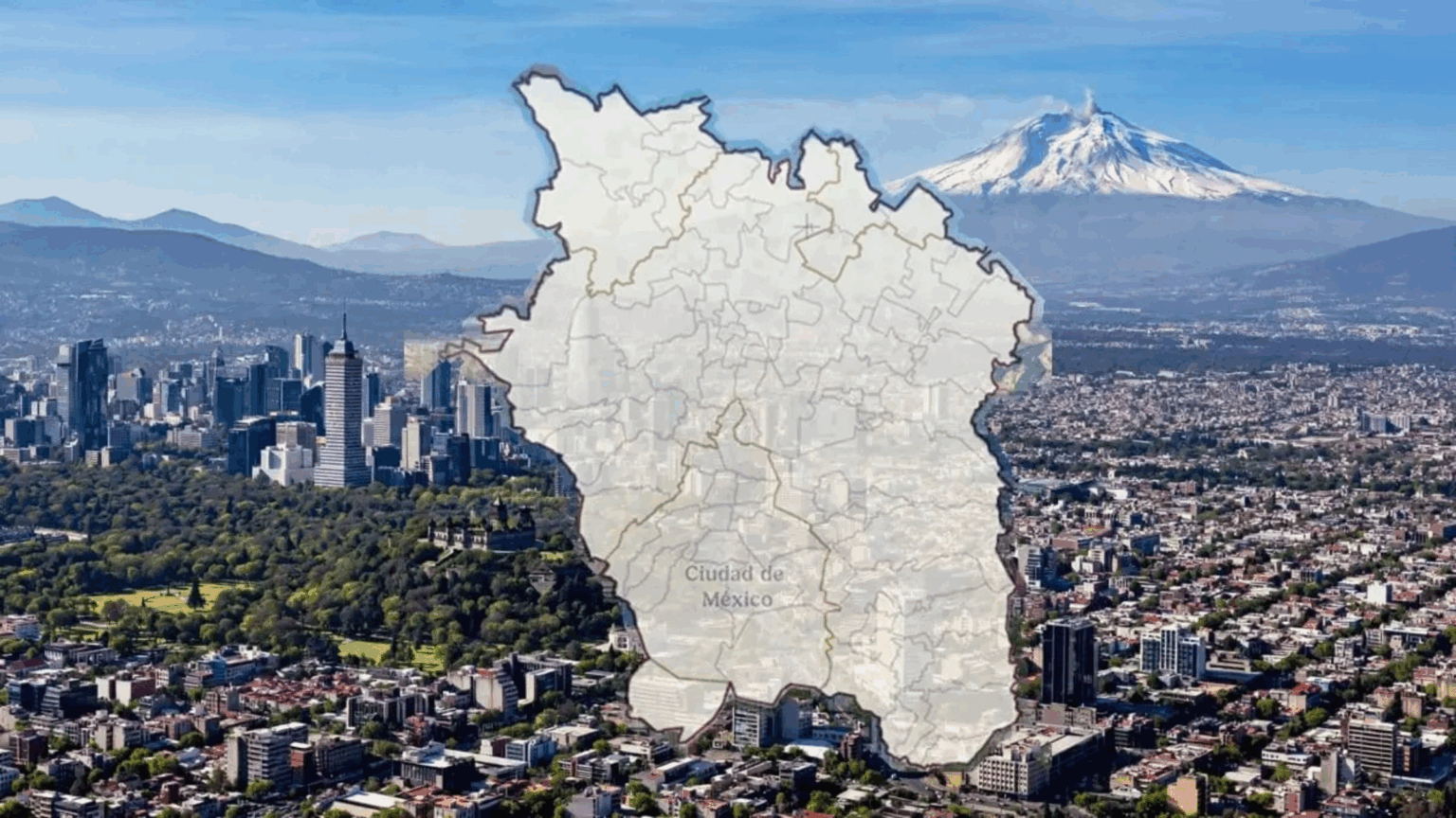 Mapa de la Zona Metropolitana del Valle de México sobre una vista panorámica de la Ciudad de México y el Popocatépetl, para ilustrar la consulta pública del POZMVM.