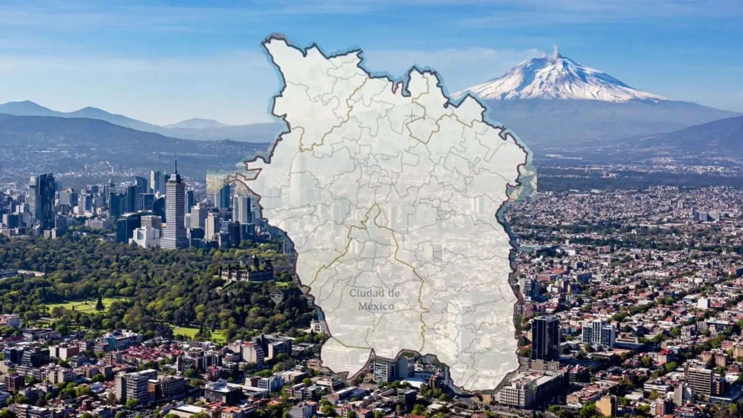 Mapa de la Zona Metropolitana del Valle de México sobre una vista panorámica de la Ciudad de México y el Popocatépetl, para ilustrar la consulta pública del POZMVM.